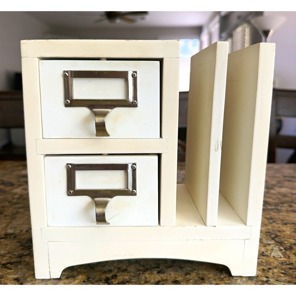 Pottery Barn White Wood Desktop Organizer w/ 2 Drawers & File Slots